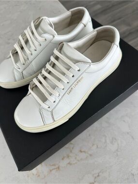 Saint Laurent White Leather Low-Top Sneakers with Gold Logo